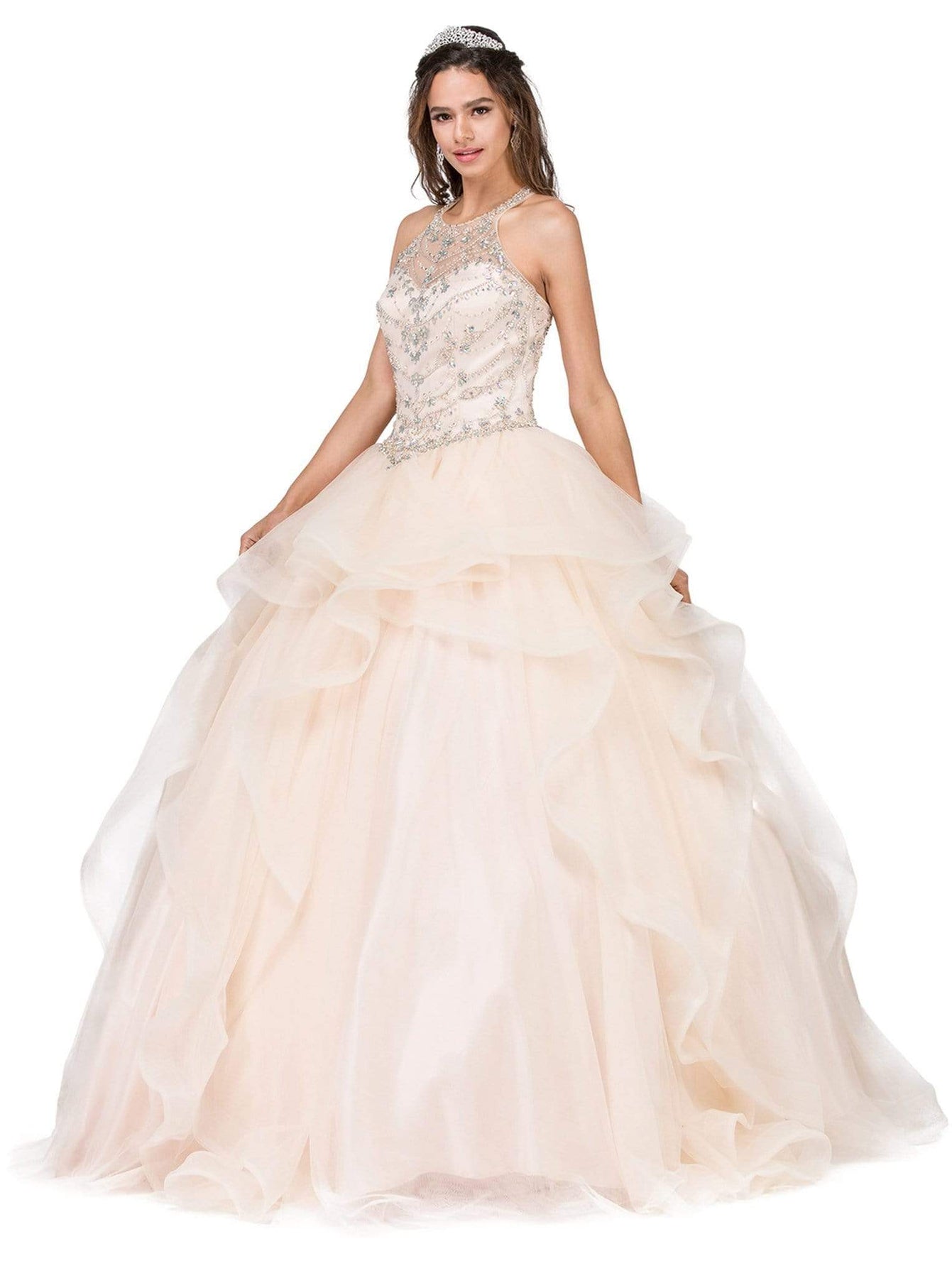 Dancing Queen - 1279 Illusion Halter Ruffled Quinceanera Gown Special Occasion Dress XS / Champagne