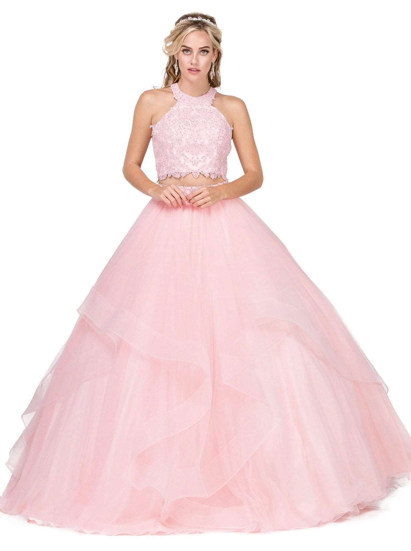Dancing Queen - 1310 Two Piece Beaded Lace Halter Quinceanera Ballgown Special Occasion Dress XS / Blush