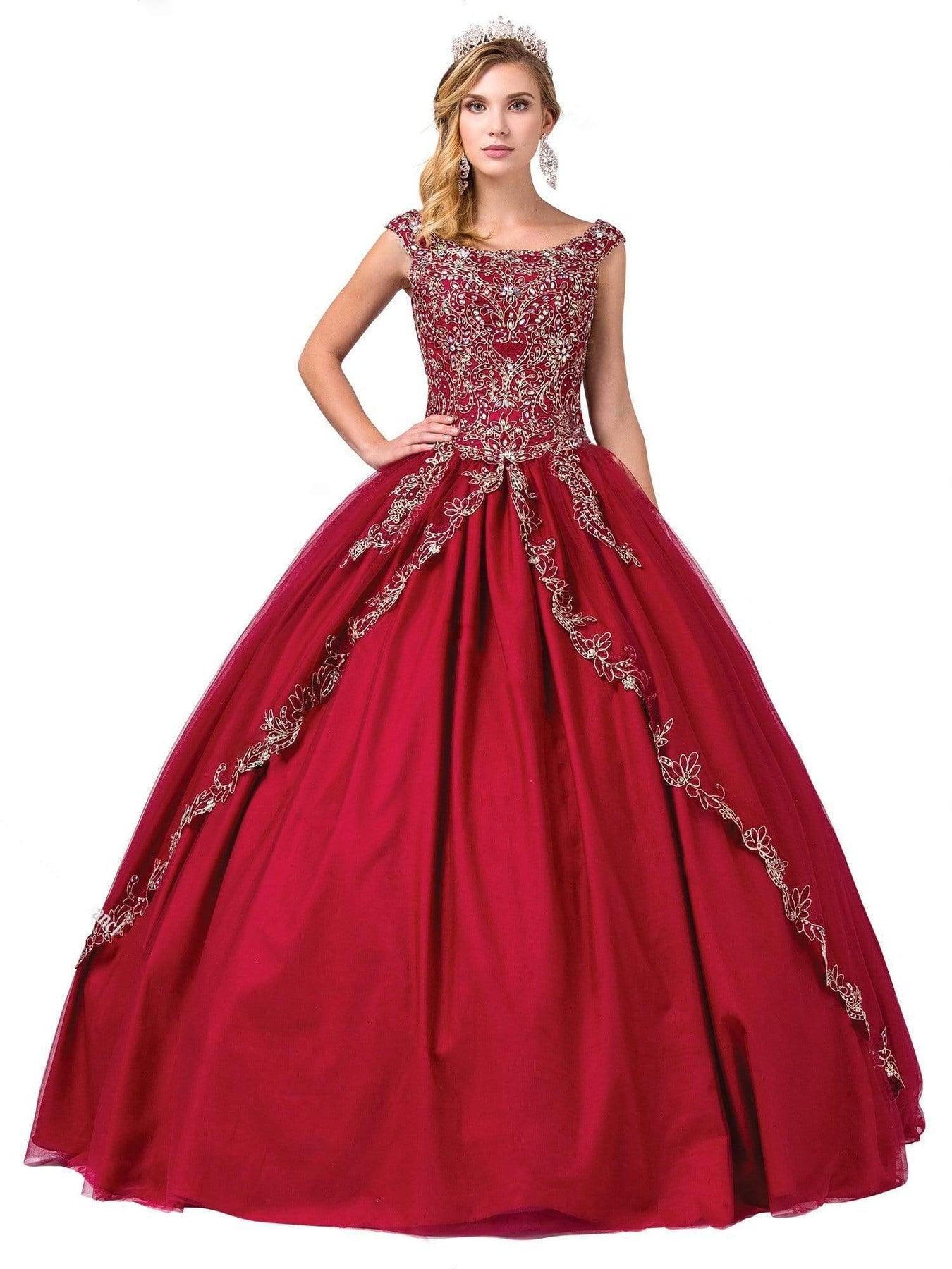 Dancing Queen - 1343 Cap Sleeve Gilt-Appliqued Overskirt Ballgown Special Occasion Dress XS / Burgundy