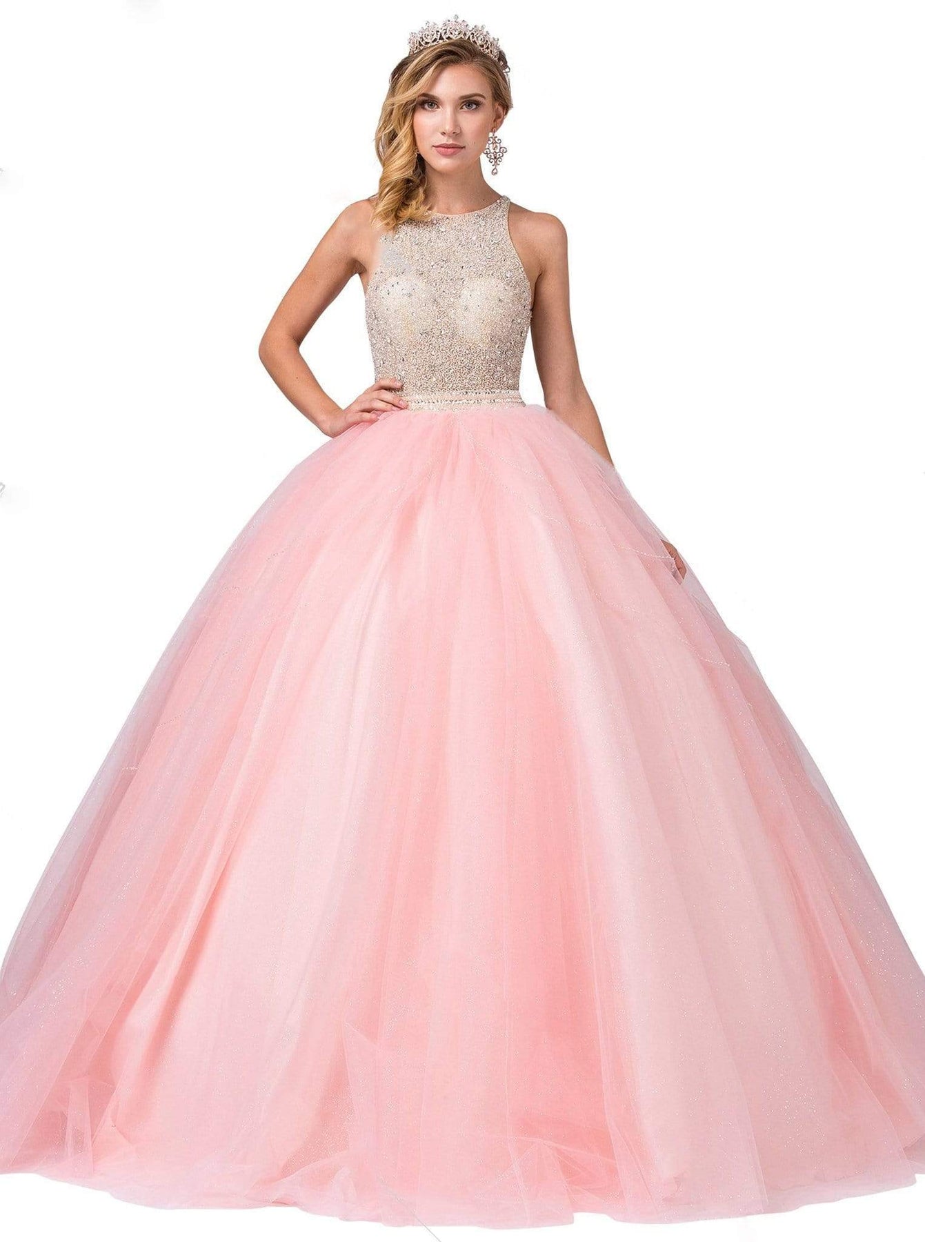 Dancing Queen - 1350 Jewel Studded Illusion Bodice Ballgown Special Occasion Dress XS / Blush