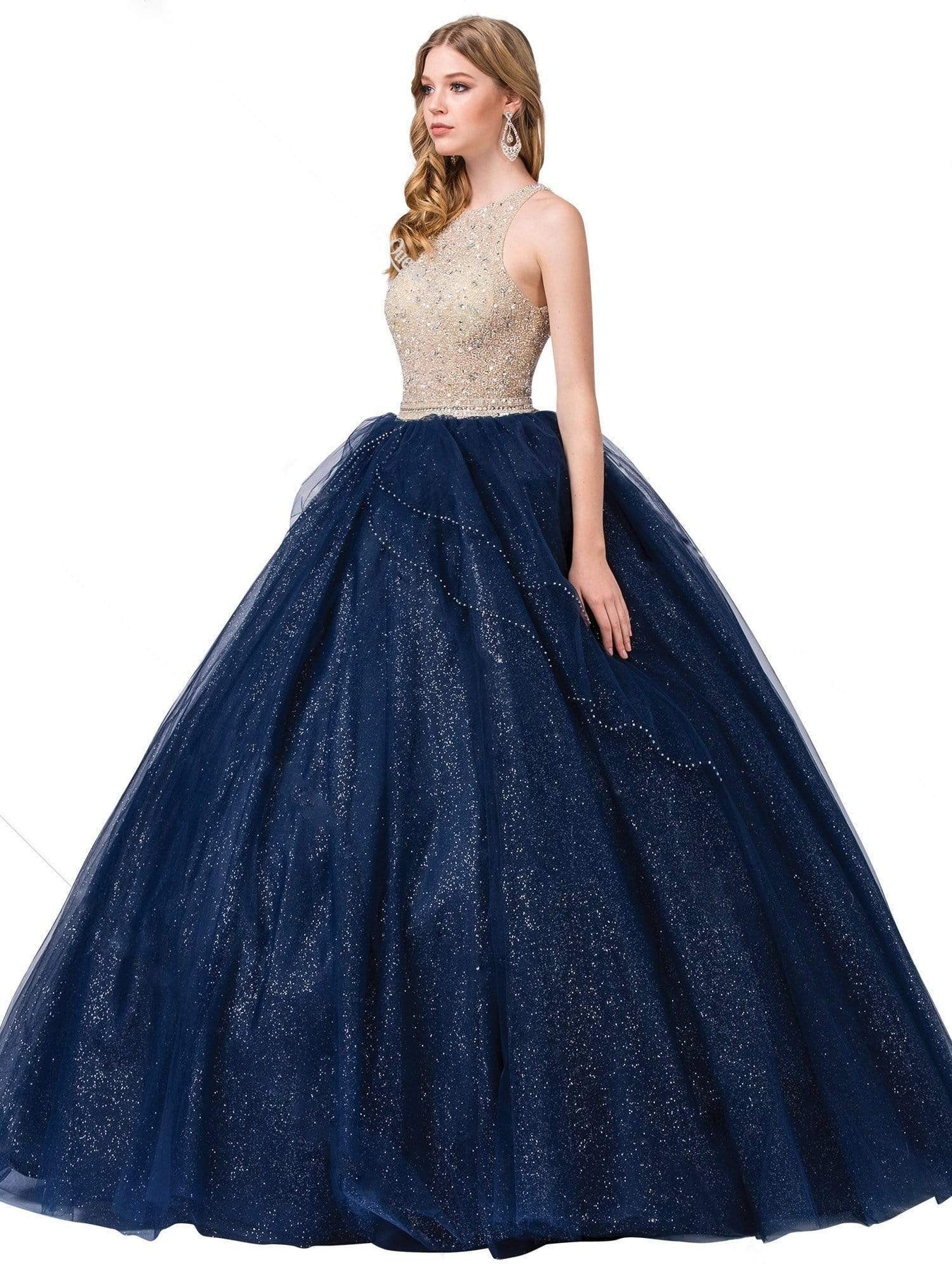 Dancing Queen - 1350 Jewel Studded Illusion Bodice Ballgown Special Occasion Dress XS / Navy