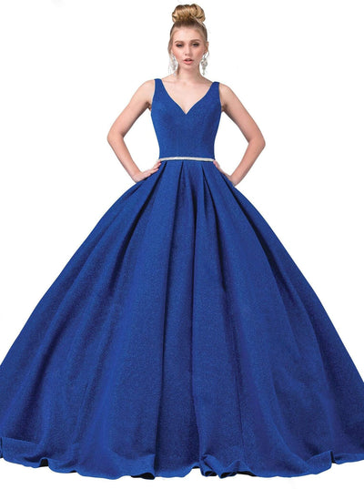 Dancing Queen - 1356 Deep V-Neck Bejeweled Waist Ballgown Quinceanera Dresses XS / Royal Blue