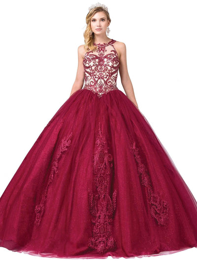 Dancing Queen - 1392 Embroidered Cutout Back Tulle Ballgown Special Occasion Dress XS / Burgundy