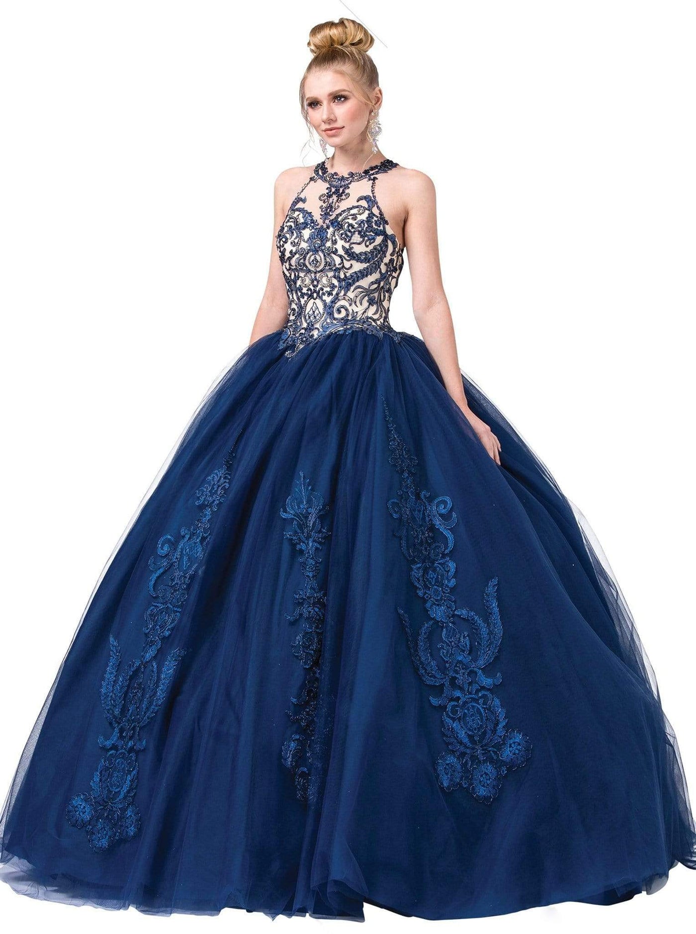Dancing Queen - 1392 Embroidered Cutout Back Tulle Ballgown Special Occasion Dress XS / Navy