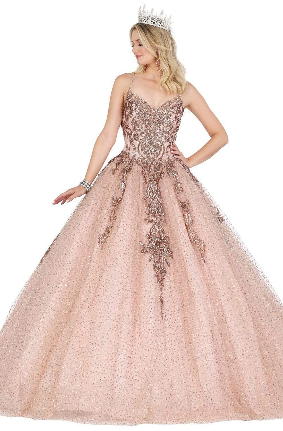 Dancing Queen - 1437 Glitter Embellished V-Neck Quinceanera Gown Quinceanera Dresses XS / Rose Gold