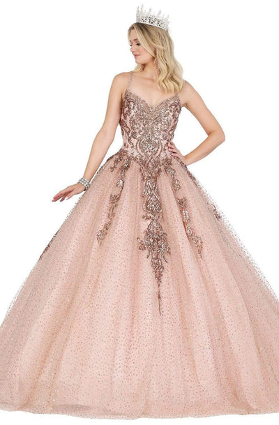 Dancing Queen - 1437 Glitter Embellished V-Neck Quinceanera Gown Quinceanera Dresses XS / Rose Gold