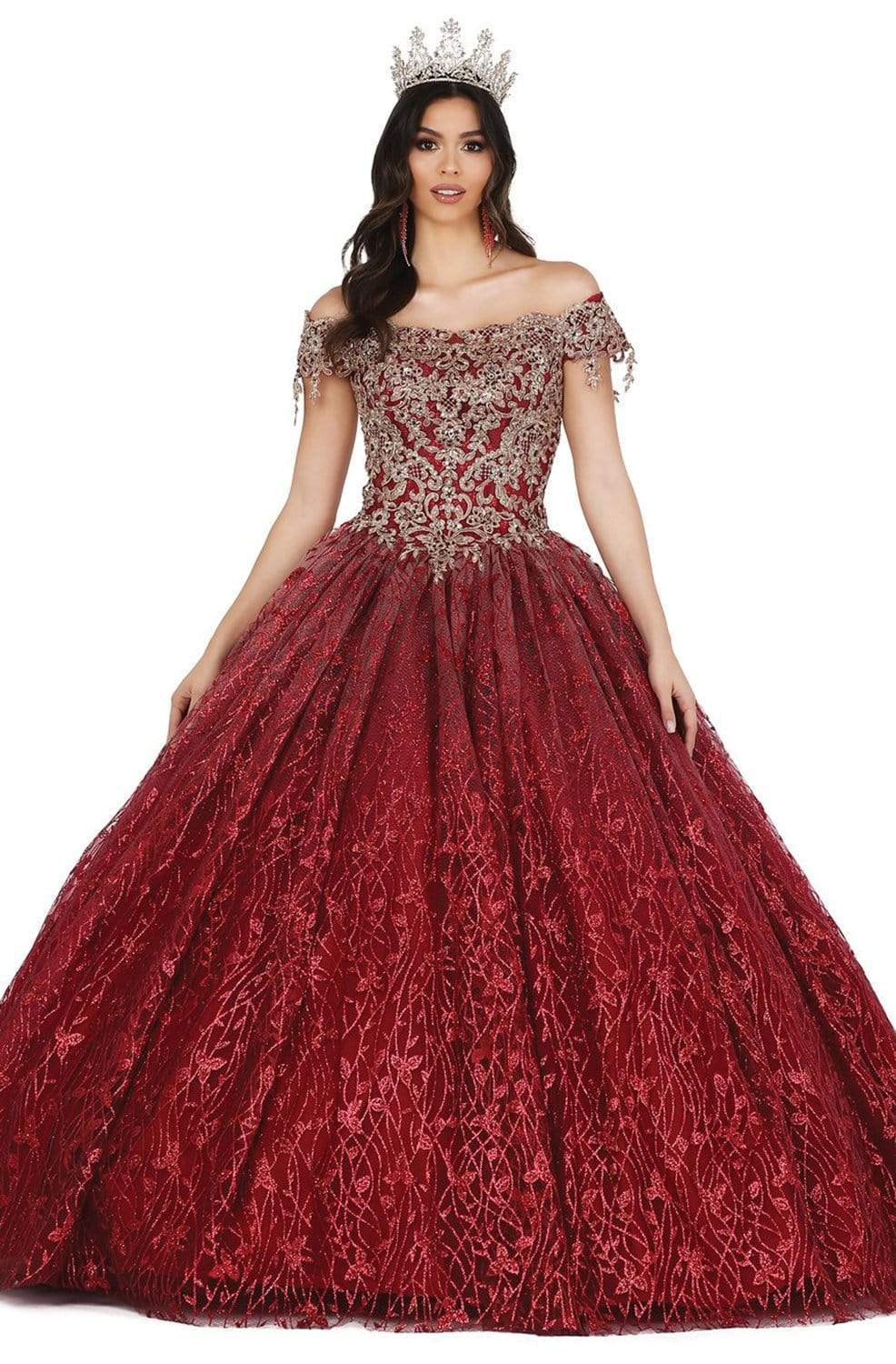 Dancing Queen - 1444 Metallic Off Shoulder Glitter Ballgown Quinceanera Dresses XS / Burgundy