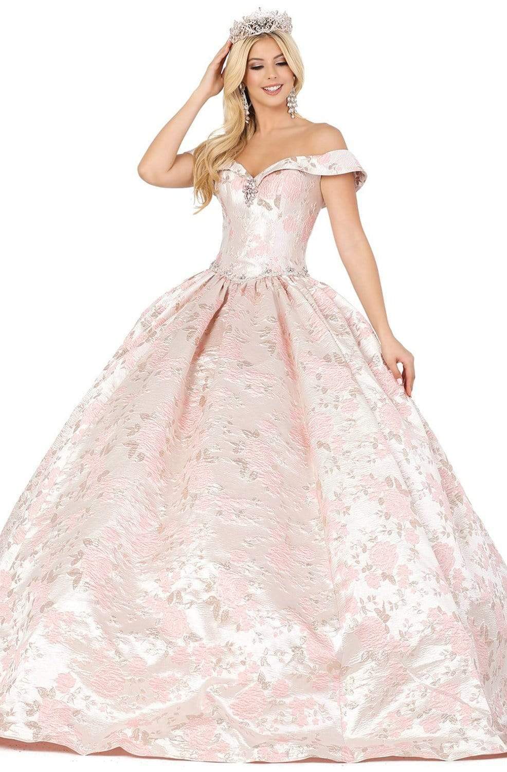 Dancing Queen - 1445 Floral Brocade Off Shoulder Ballgown Sweet 16 Dresses XS / Blush