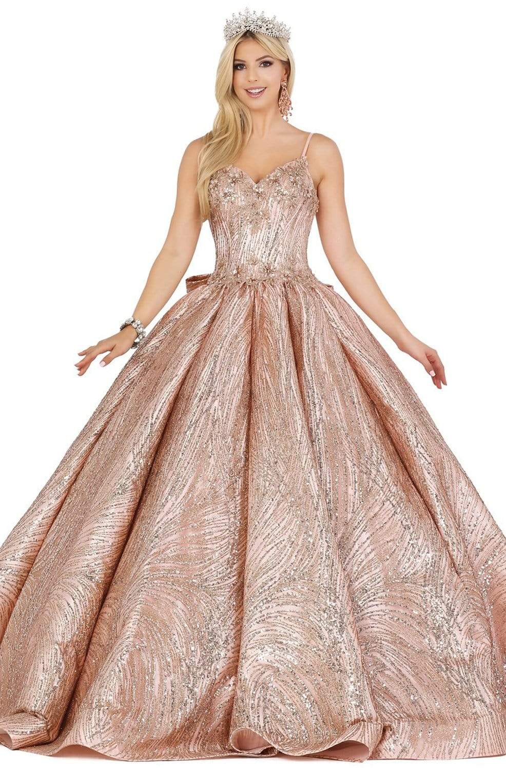 Dancing Queen - 1447 Appliqued Bow Accented Back Ballgown Ball Gowns XS / Rose Gold