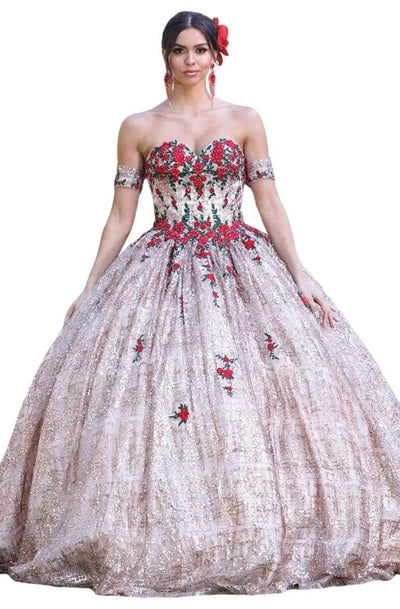 Dancing Queen - 1475 Beaded Floral Off-Shoulder Quinceanera Dress Quinceanera Dresses XS / Rose Gold/Red Flower