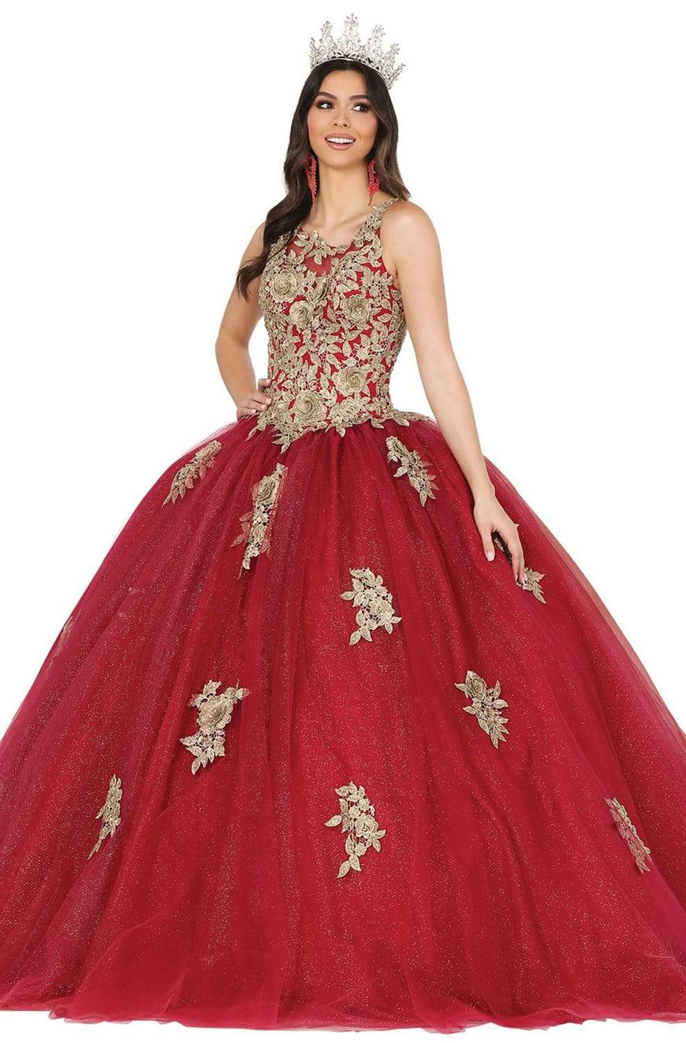 Dancing Queen - 1484 Gilt-Rosette Appliqued Glitter Ballgown Quinceanera Dresses XS / Burgundy