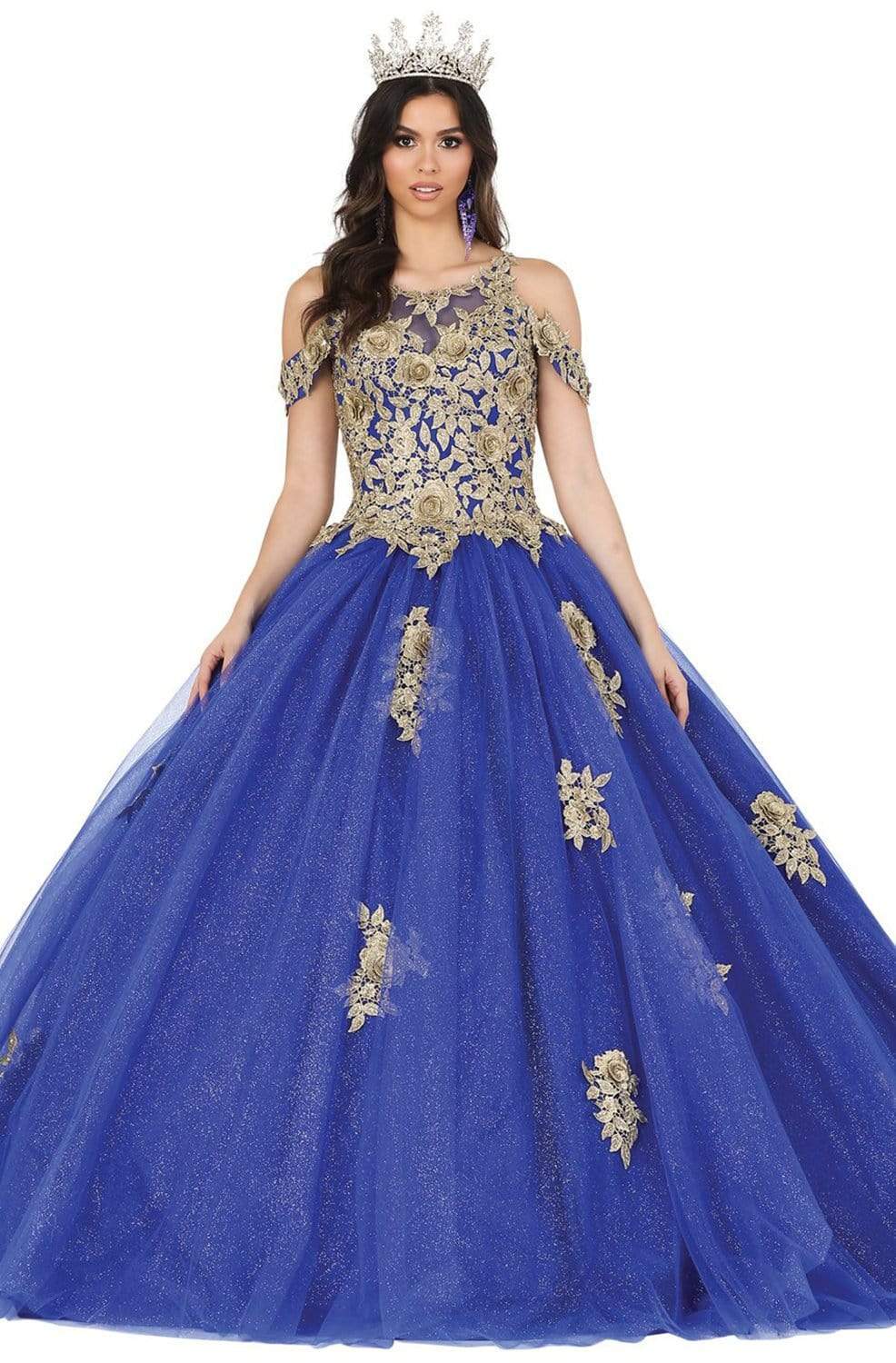 Dancing Queen - 1484 Gilt-Rosette Appliqued Glitter Ballgown Quinceanera Dresses XS / Royal Blue