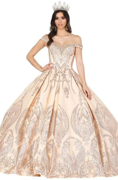 Dancing Queen - 1502 Embellished Off-Shoulder Pleated Ballgown Quinceanera Dresses XS / Champagne
