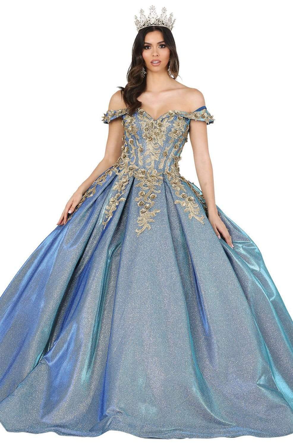 Dancing Queen - 1504 Embroidered Off-Shoulder Pleated Ballgown Quinceanera Dresses XS / Blue