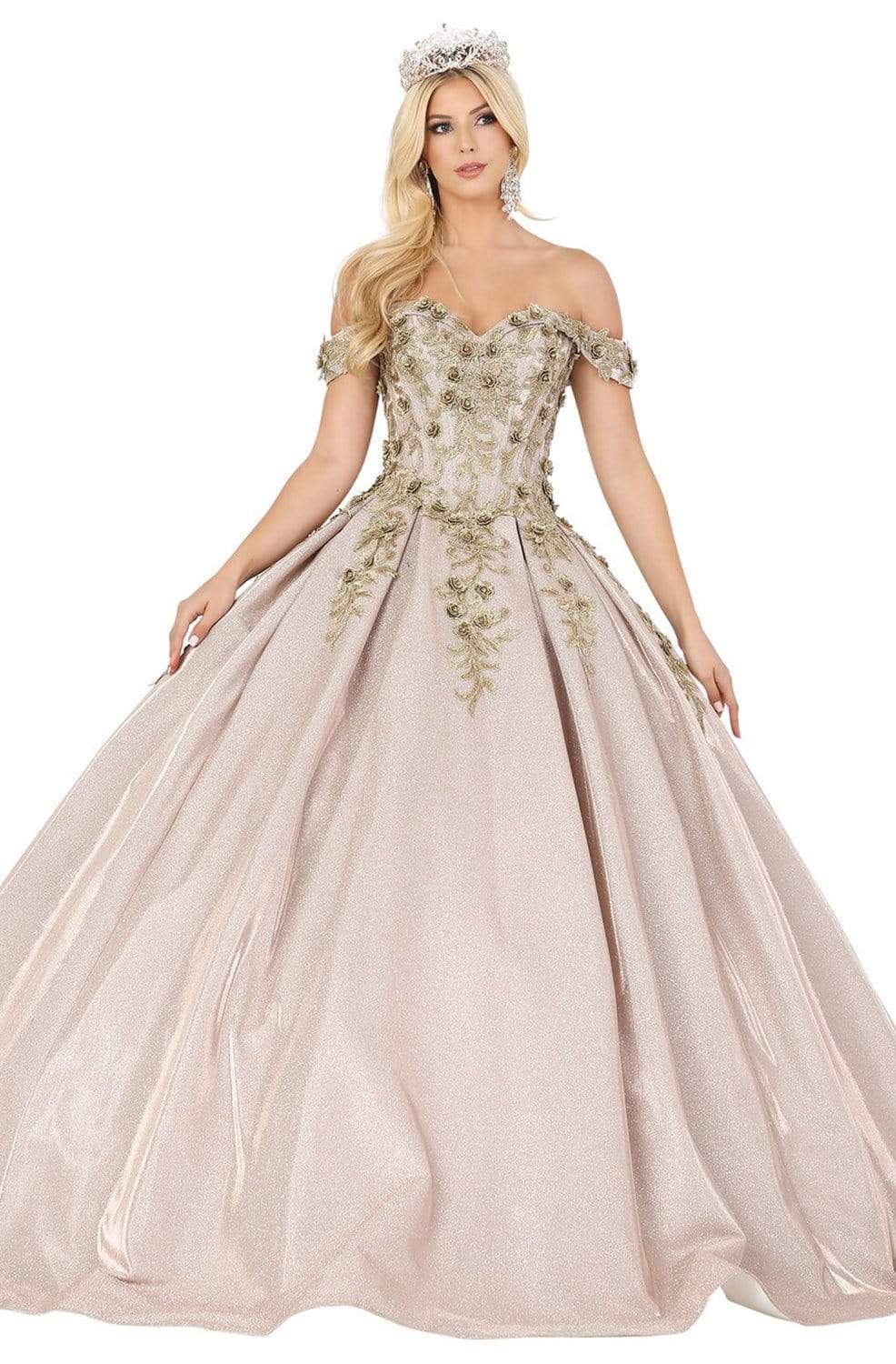 Dancing Queen - 1504 Embroidered Off-Shoulder Pleated Ballgown Quinceanera Dresses XS / Rose Gold