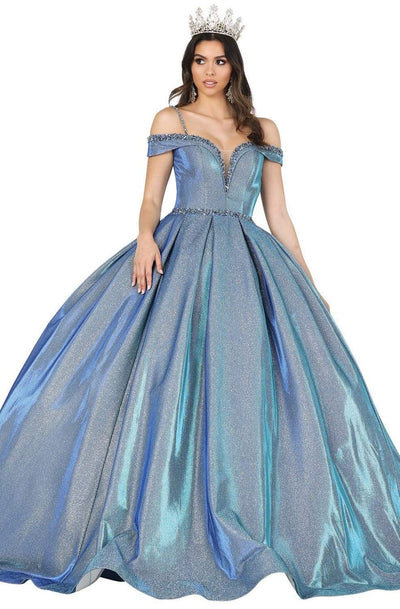 Dancing Queen - 1506 Embellished Deep Off-Shoulder Pleated Ballgown Quinceanera Dresses XS / Blue