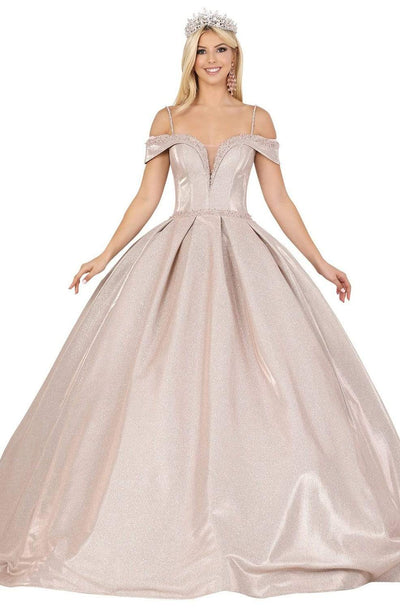 Dancing Queen - 1506 Embellished Deep Off-Shoulder Pleated Ballgown Quinceanera Dresses XS / Rose Gold