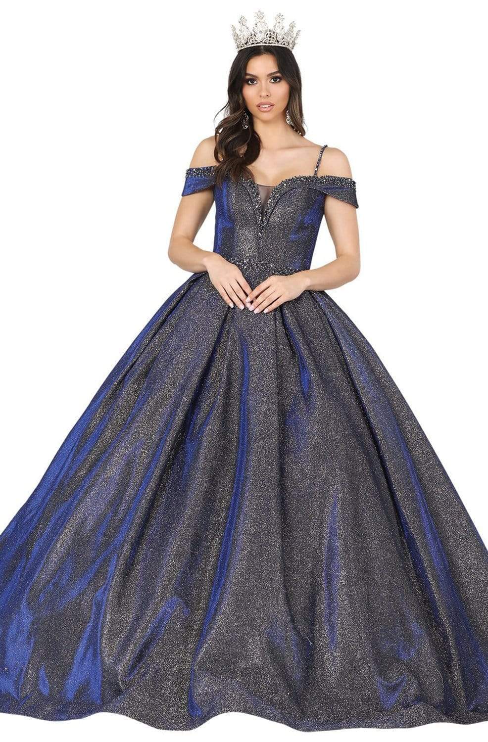 Dancing Queen - 1506 Embellished Deep Off-Shoulder Pleated Ballgown Quinceanera Dresses XS / Royal Blue