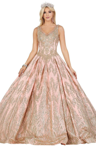Dancing Queen - 1508 Embellished V-neck Pleated Ballgown Quinceanera Dresses XS / Rose Gold