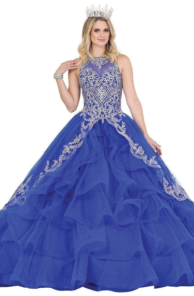 Dancing Queen - 1534 Appliqued Illusion Halter Tiered Ballgown Quinceanera Dresses XS / Royal Blue