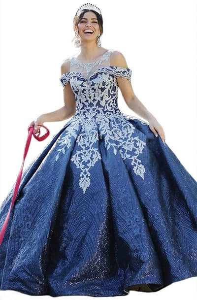 Dancing Queen - 1542 Embroidered Bateau Pleated Ballgown Quinceanera Dresses XS / Navy