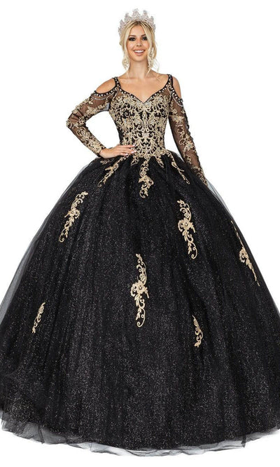 Dancing Queen - 1563 Beaded Lace Appliqued Glitter Tulle Ballgown Quinceanera Dresses XS / Black