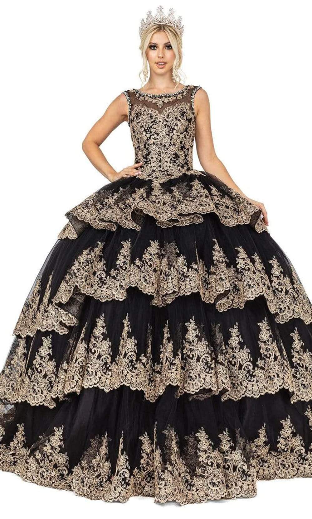 Dancing Queen - 1565 Lace Appliqued Multi-Tiered Ballgown Quinceanera Dresses XS / Black