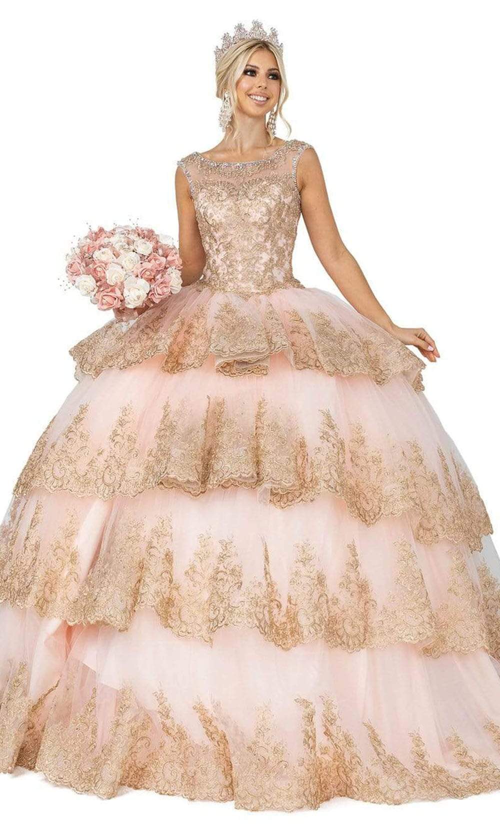Dancing Queen - 1565 Lace Appliqued Multi-Tiered Ballgown Quinceanera Dresses XS / Blush