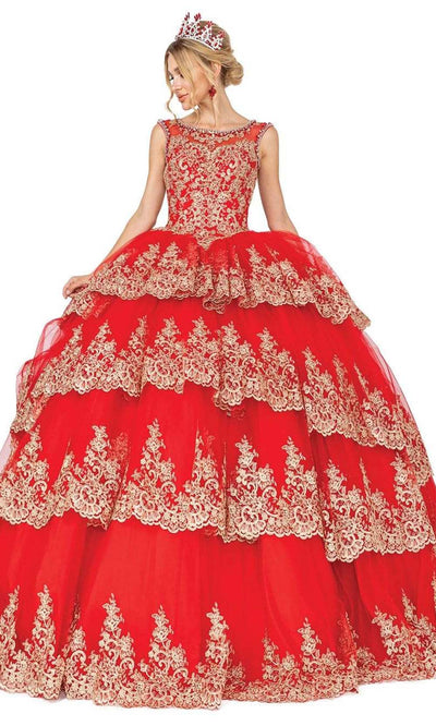 Dancing Queen - 1565 Lace Appliqued Multi-Tiered Ballgown Quinceanera Dresses XS / Red