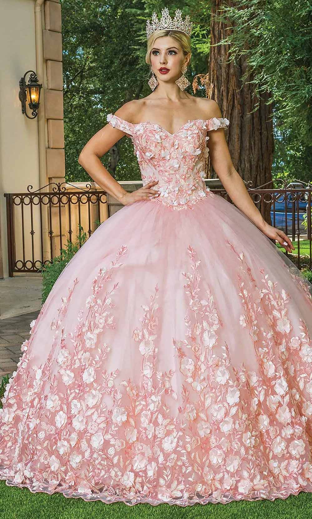 Dancing Queen - 1569 Off Shoulder Floral Applique Ballgown Quinceanera Dresses XS / Blush