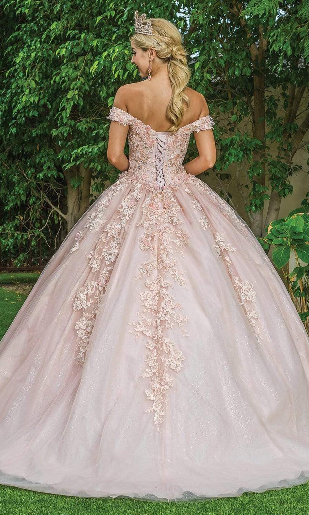 Dancing Queen - 1574 Floral Applique Off Shoulder Ballgown With Train Quinceanera Dresses
