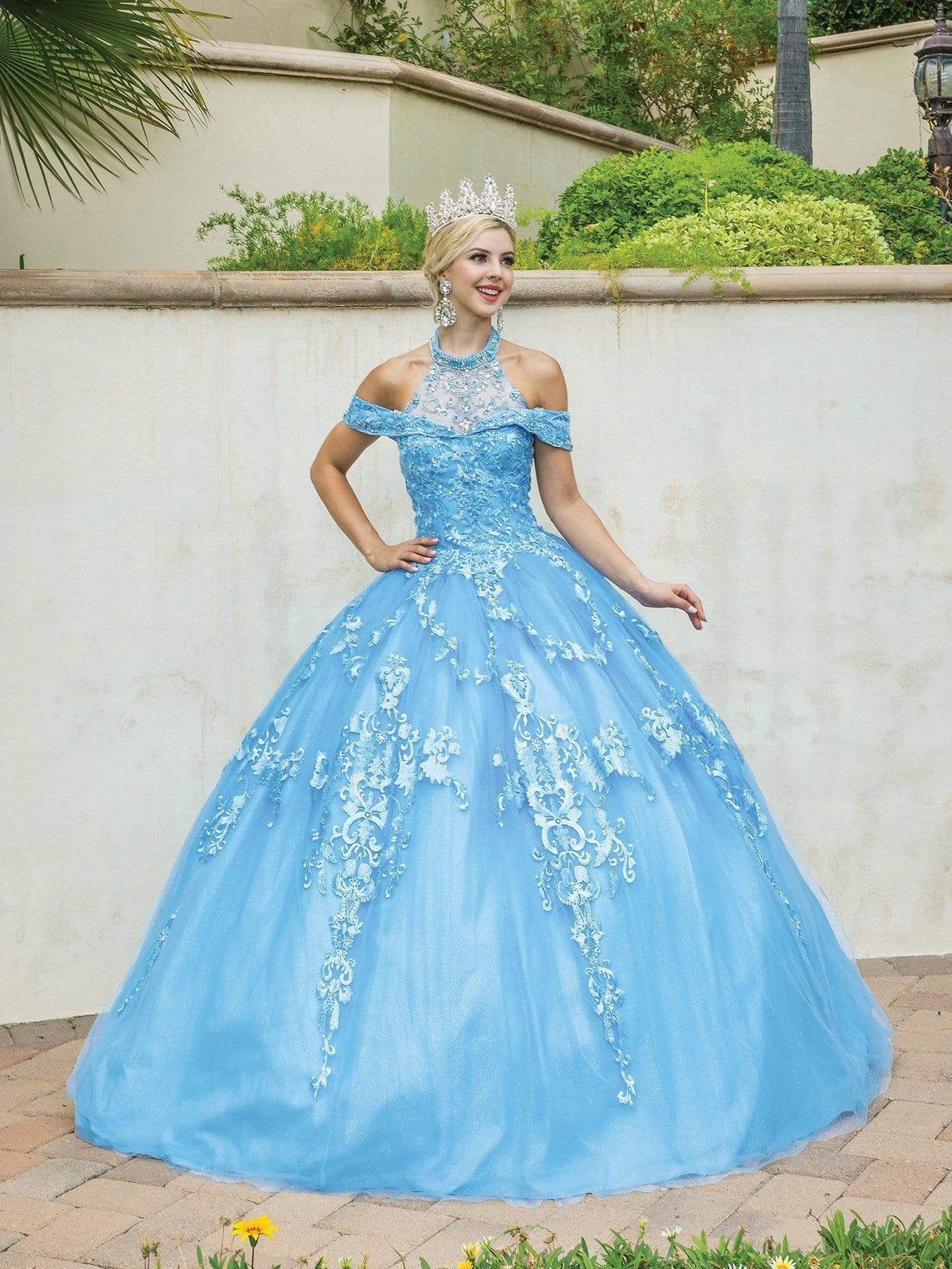 Dancing Queen - 1577 Halter Embroidered Ballgown Special Occasion Dress In Blue