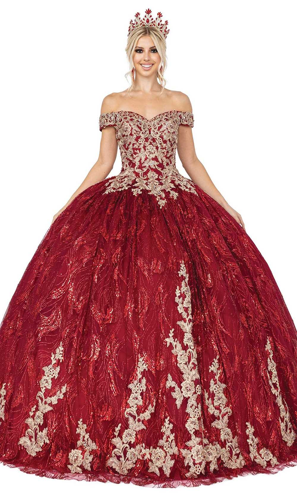 Dancing Queen - 1579 Appliqued Glitter Print Ballgown Quinceanera Dresses XS / Burgundy