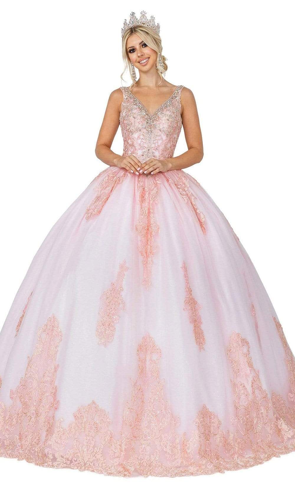 Dancing Queen - 1588 Embellished V Neck Ballgown Quinceanera Dresses XS / Blush