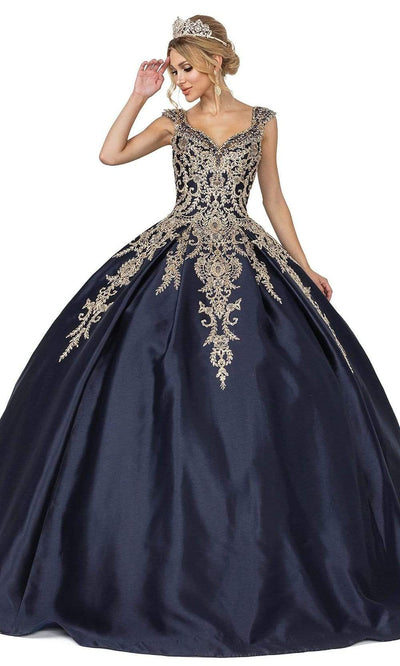 Dancing Queen - 1606 Cap Sleeve Metallic Applique Gown Special Occasion Dress XS / Navy