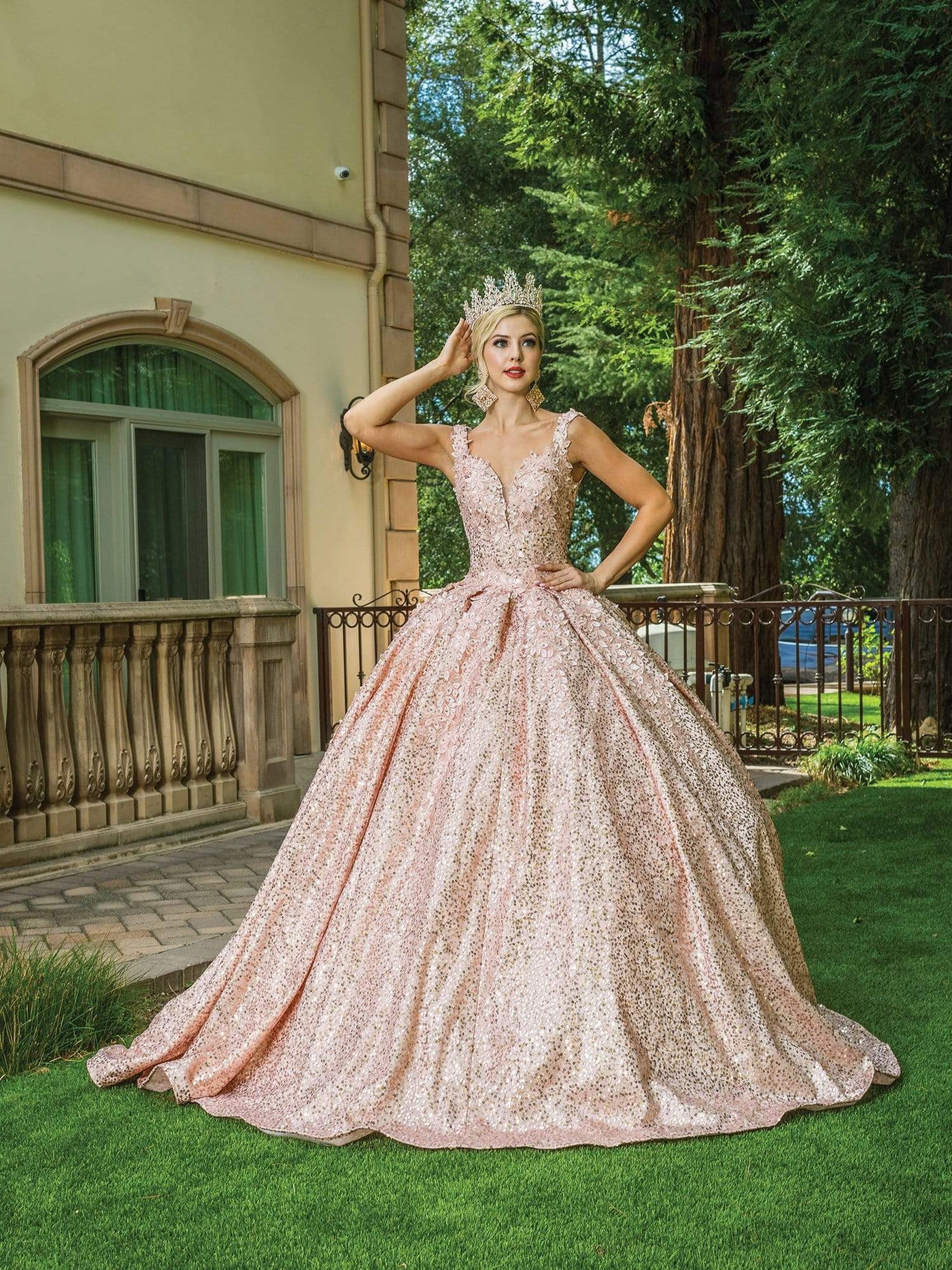 Dancing Queen - 1624 Sequin Showered Shiny Ballgown Special Occasion Dress In Pink and Gold