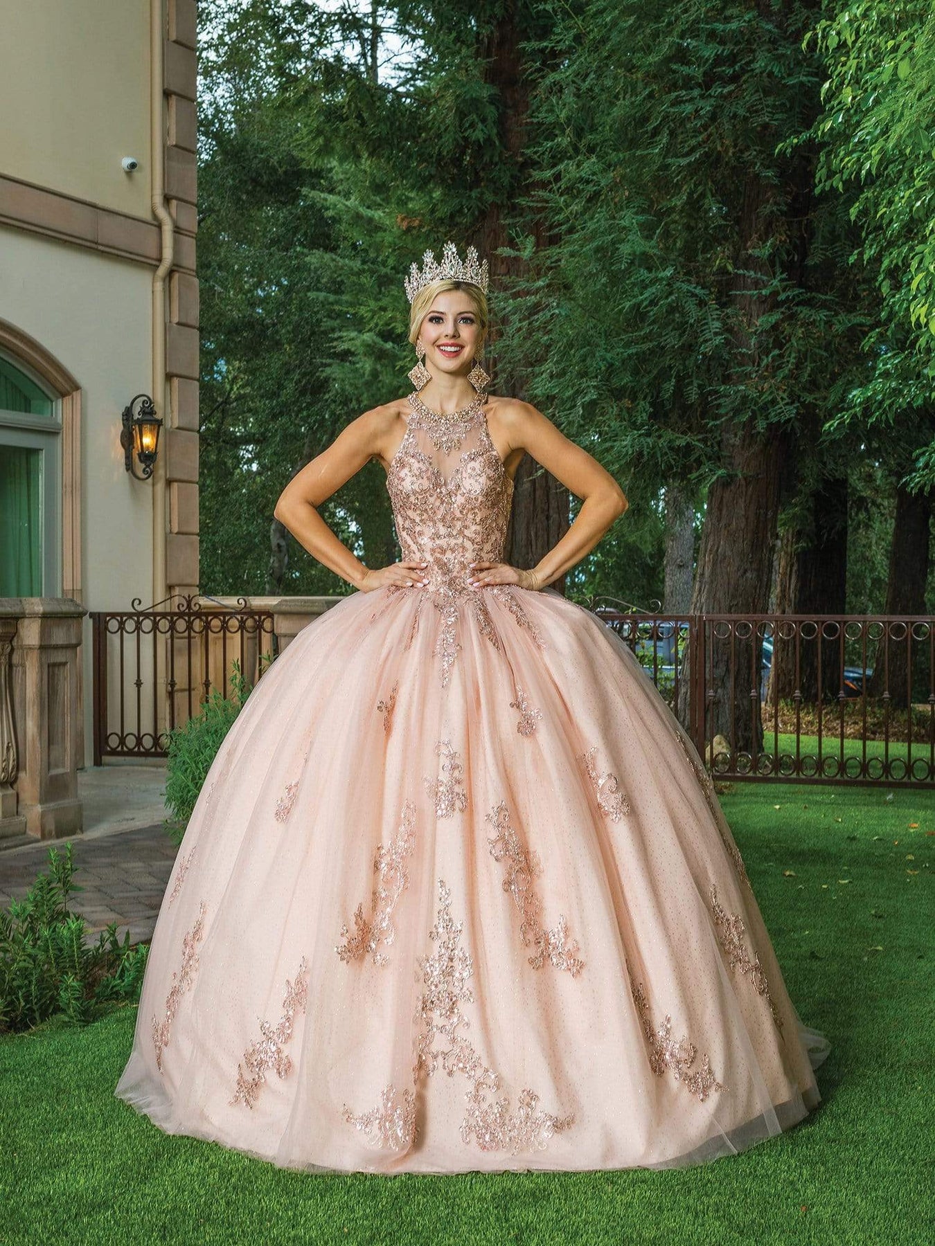 Dancing Queen - 1628 Halter Neck Embellished Ballgown Special Occasion Dress In Pink and Gold