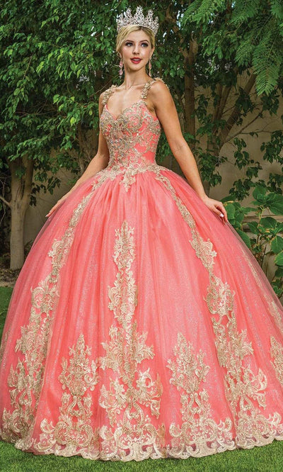Dancing Queen - 1629 V Neck Golden Embellished Gown Special Occasion Dress XS / Coral