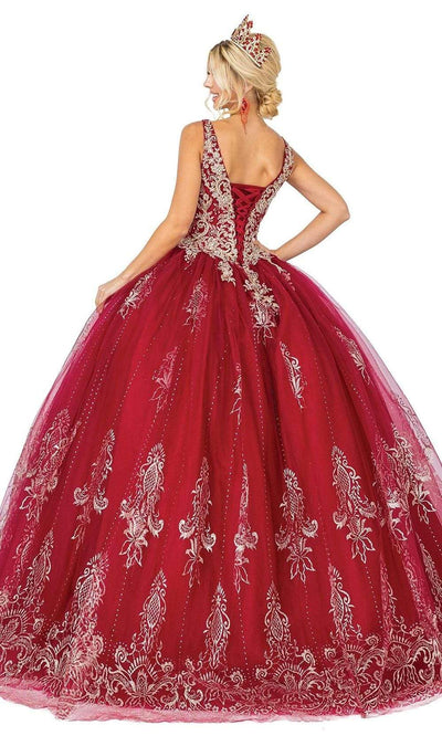 Dancing Queen - Embellished V-Neck Lace Up Back Ballgown 1631SC In Red