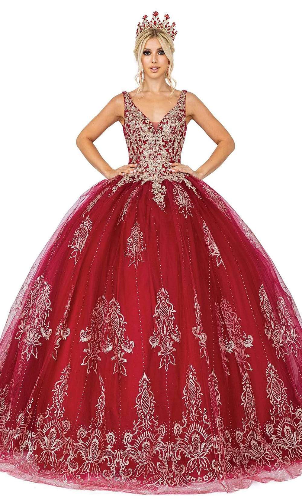 Dancing Queen - Embellished V-Neck Lace Up Back Ballgown 1631SC In Red