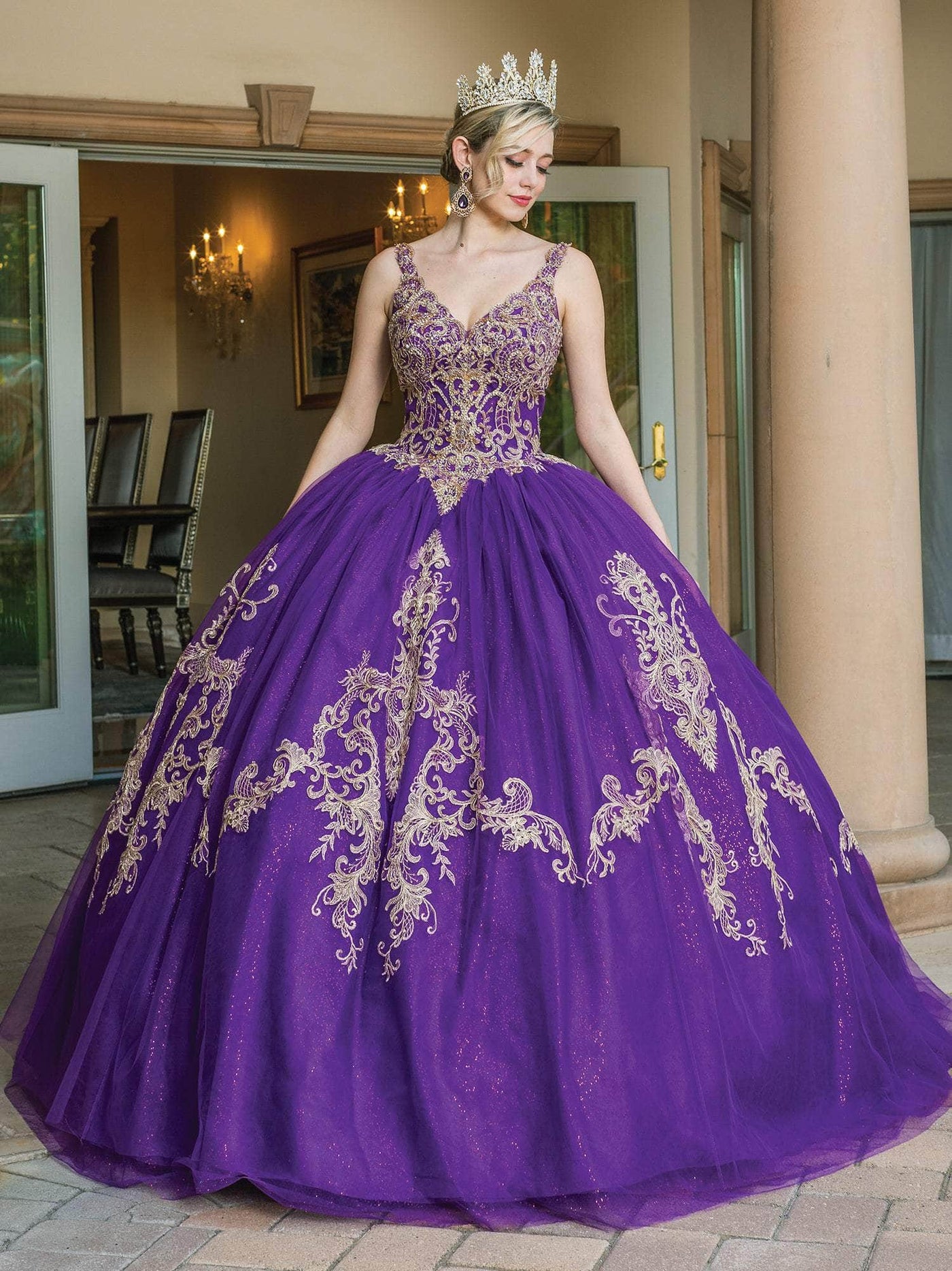 Dancing Queen 1635 - V-Neck Lace Appliqued Ballgown Ball Gowns