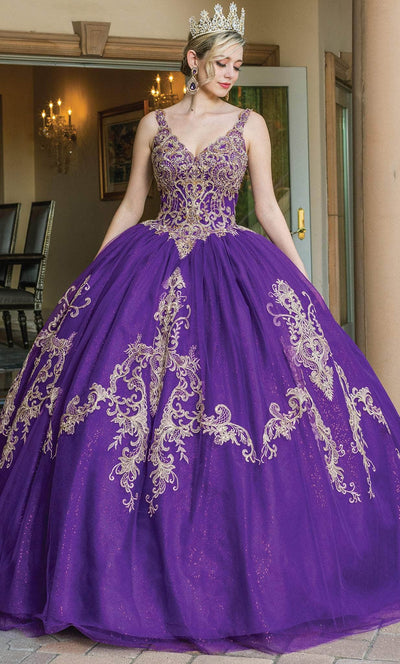 Dancing Queen 1635 - V-Neck Lace Appliqued Ballgown Ball Gowns XS / Purple