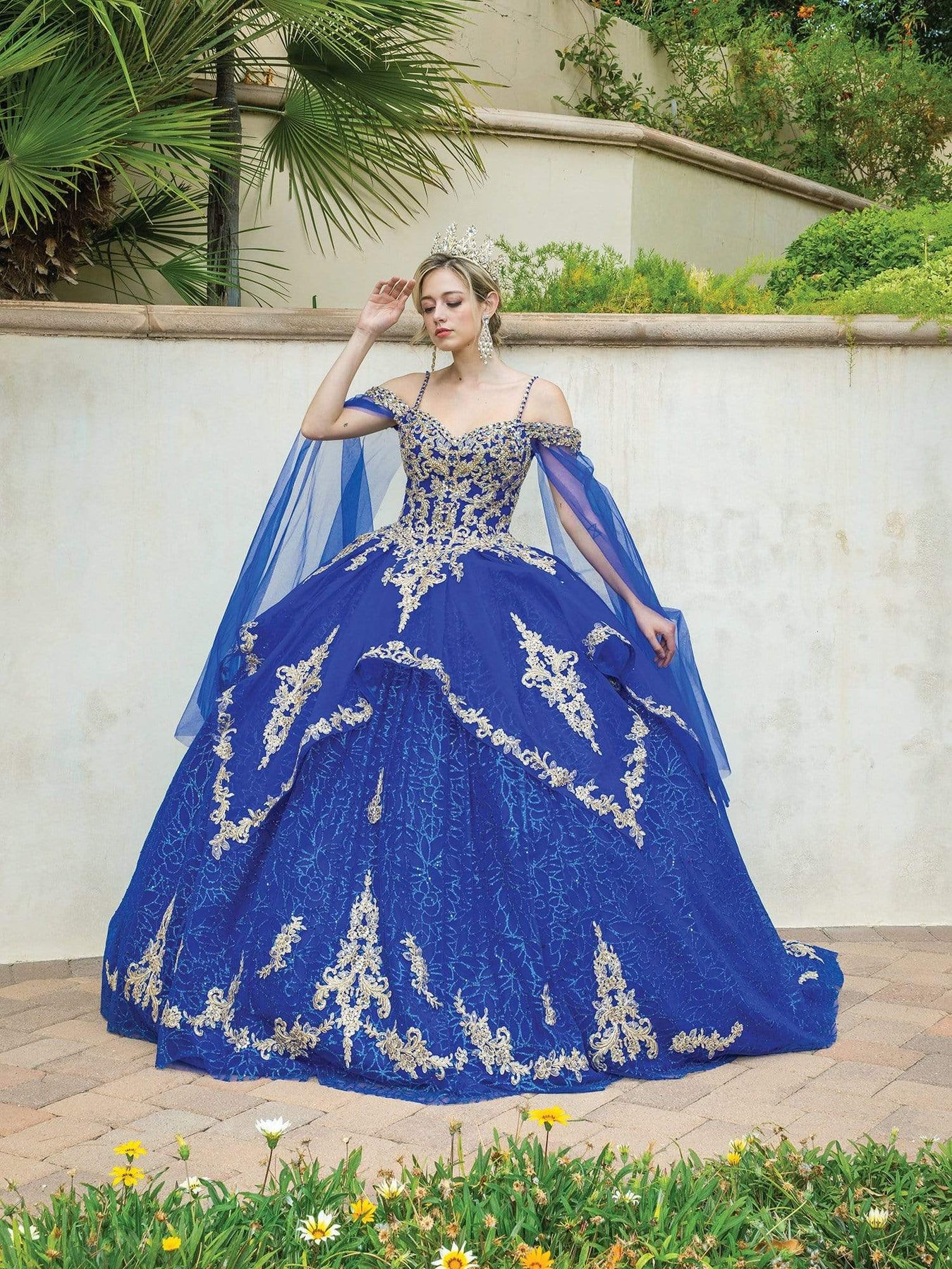 Dancing Queen - 1638 Cold Shoulder Cape Sleeve Ballgown Special Occasion Dress In Blue