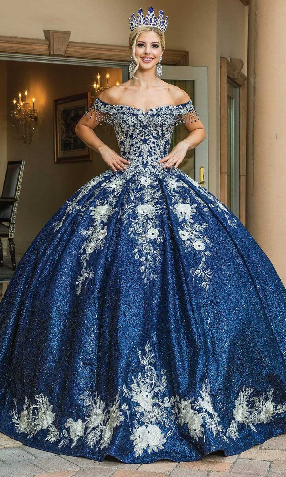 Dancing Queen - 1642 Dangling Beaded Pleated Gown Quinceanera Dresses XS / Navy/Silver