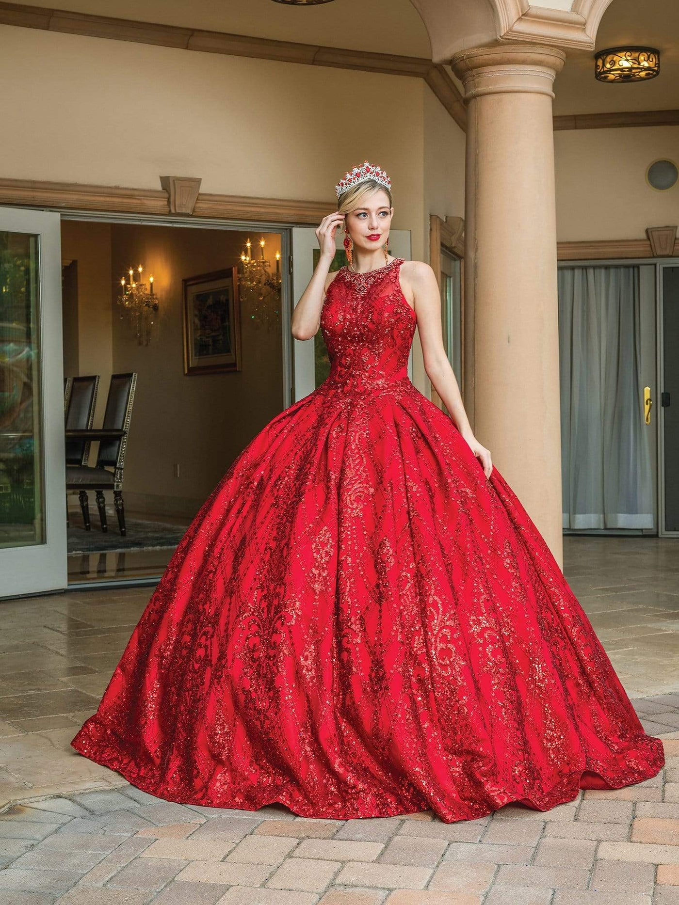 Dancing Queen - 1647 Bedazzled Jewel Neck Sequined Dress Special Occasion Dress In Red