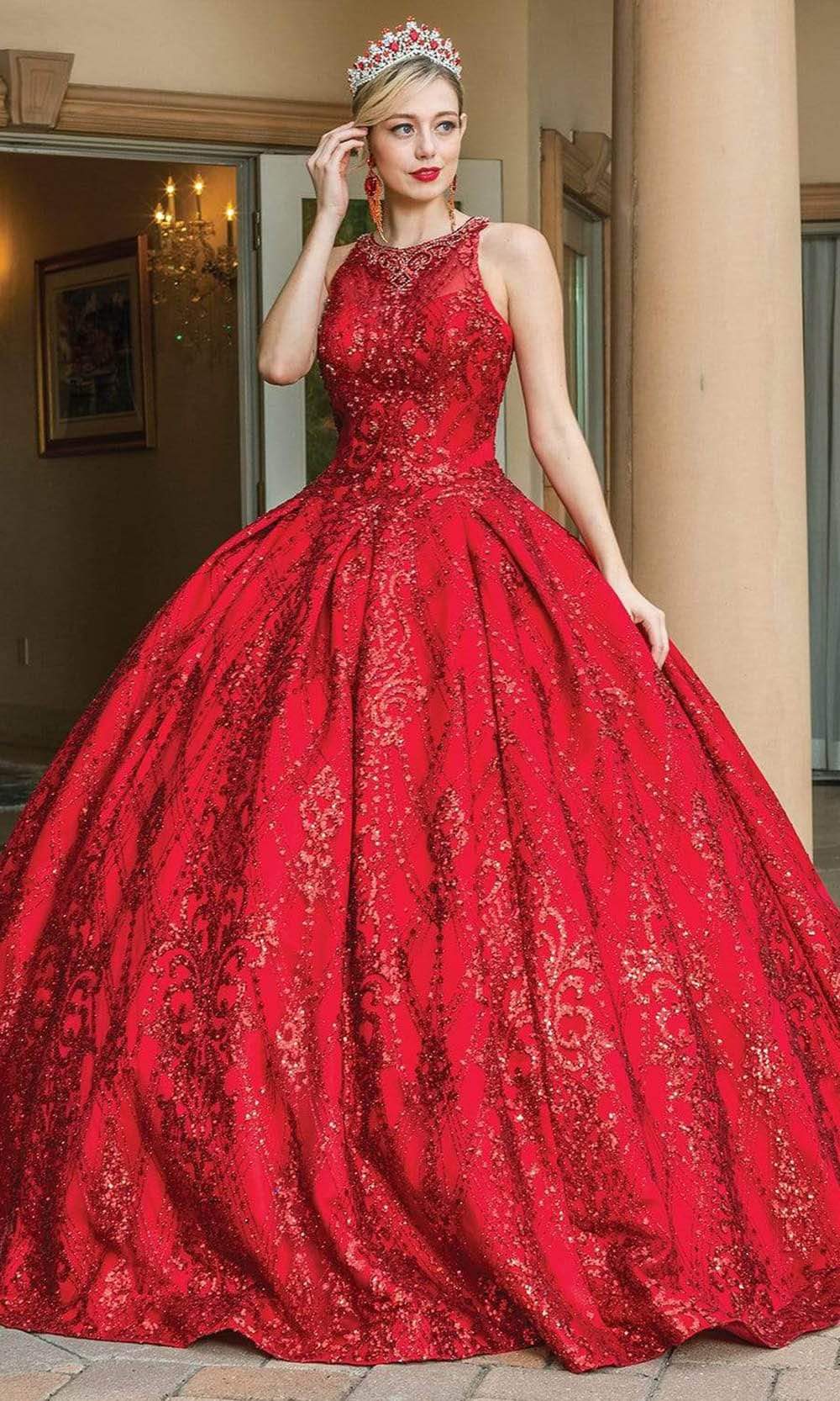 Dancing Queen - 1647 Bedazzled Jewel Neck Sequined Dress Special Occasion Dress XS / Burgundy
