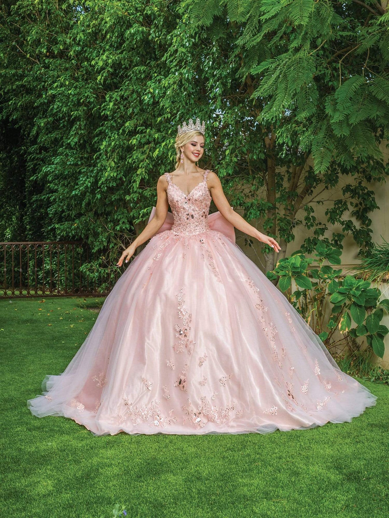 Dancing Queen - 1648 Bedazzled V Neck Gown With Bows And Train Quinceanera Dresses