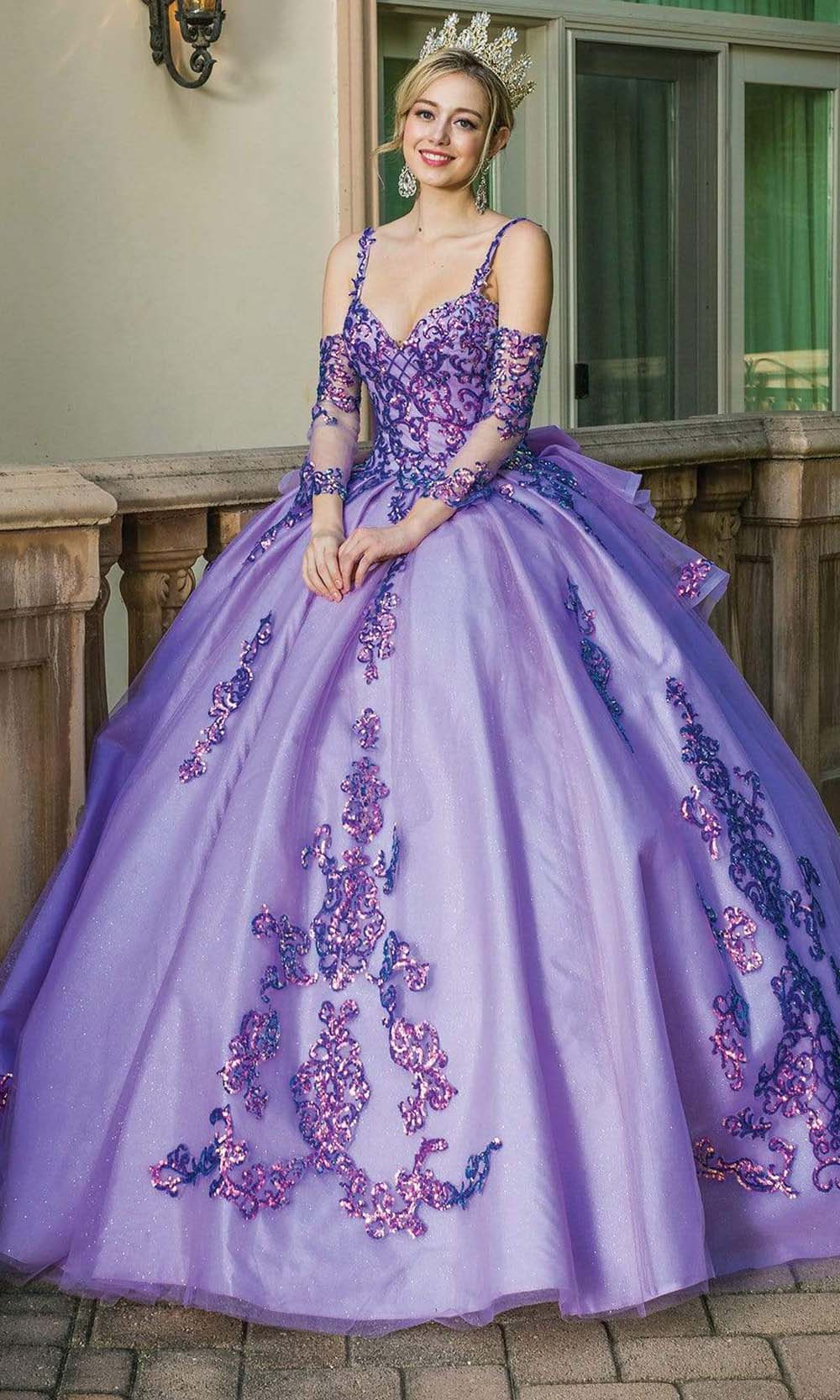 Dancing Queen - 1652 Shimmer Applique Ballgown with Bow Accent Quinceanera Dresses XS / Lilac