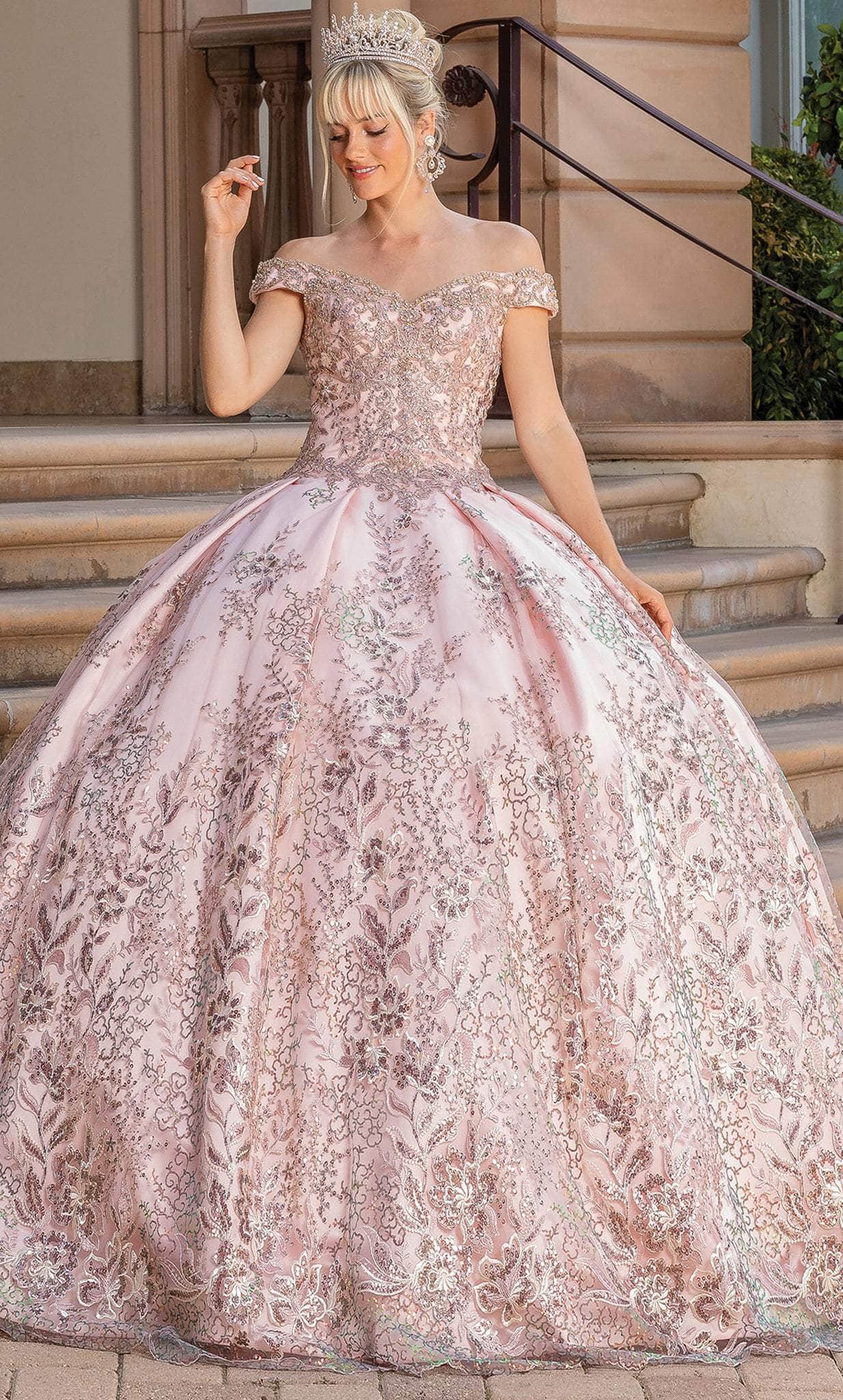 Dancing Queen 1666 - Cap Sleeve Floral Beaded Ballgown Ball Gowns XS / Rose Gold