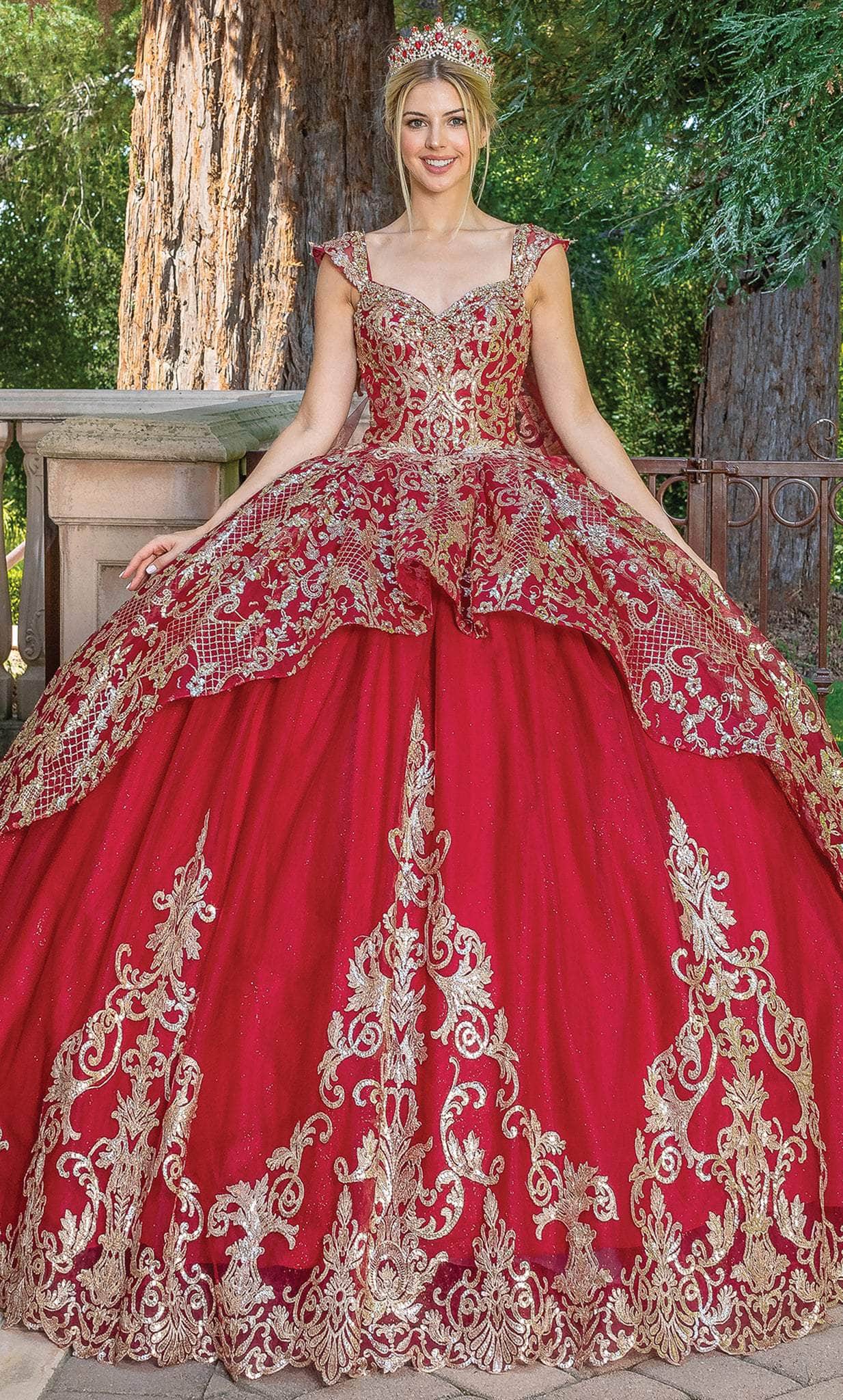 Dancing Queen 1670 - Sequin Lace Peplum Ballgown Quinceanera Dresses XS / Burgundy